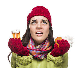 Image showing Sick Mixed Race Woman with Empty Medicine Bottles and Tissue 
