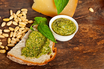 Image showing Italian basil pesto bruschetta ingredients