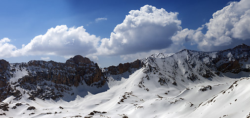 Image showing Panorama of snowy mountains in sun day