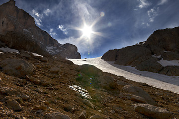 Image showing Mountain pass and blue sky with sun