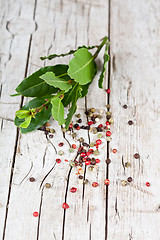 Image showing twig of fresh laurel and peppercorns 