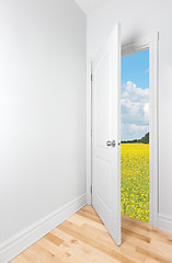 Image showing Summer field seen through the open door