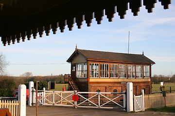 Image showing Vintage Railway Signal Box & Crossing