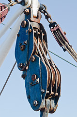 Image showing Blocks and rigging at the old sailboat, close-up