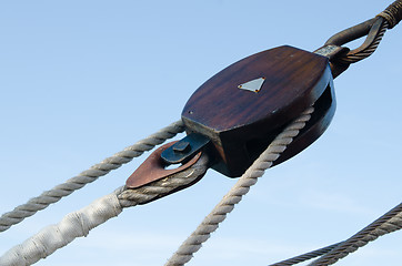 Image showing Blocks and rigging at the old sailboat, close-up