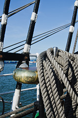 Image showing The ropes braided in bays on an ancient sailing vessel