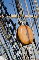 Image showing Blocks and rigging at the old sailboat, close-up