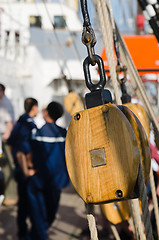 Image showing Blocks and rigging at the old sailboat, close-up