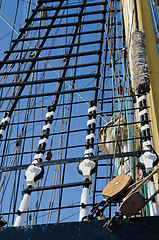 Image showing Blocks and rigging at the old sailboat, close-up