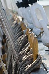 Image showing Blocks and rigging at the old sailboat, close-up