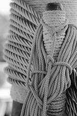 Image showing The ropes braided in bays on an ancient sailing vessel