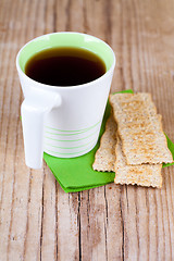 Image showing cup of tea and crackers for breakfast 