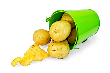 Image showing Potatoes yellow in a green bucket with chips