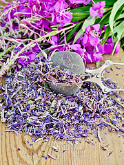 Image showing Herbal tea from fireweed dry and fresh with a strainer