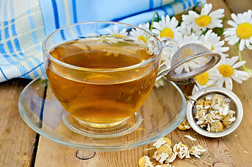 Image showing Herbal chamomile tea with a strainer and a glass cup