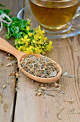 Image showing Herbal tea from tutsan dry and fresh on the spoon