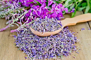 Image showing Herbal tea from fireweed fresh and dry on a spoon