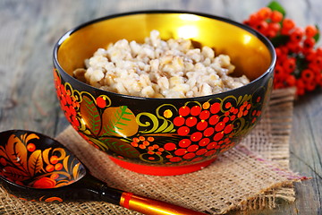 Image showing Pearl barley porridge in a colorful bowl.