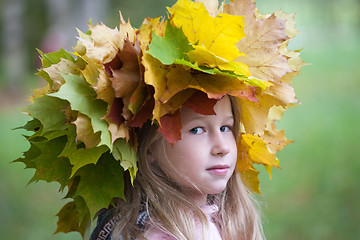 Image showing little girl in autumn leaves crown