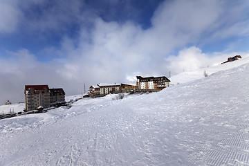 Image showing Houses and hotels on ski resort, view from ski slope