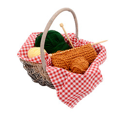 Image showing Yellow, green and orange yarn with knitting in a basket