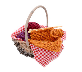 Image showing Purple, red and orange wool with knitting in a basket