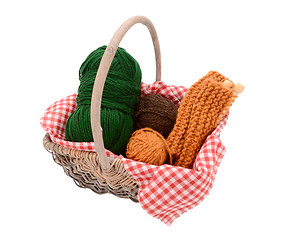 Image showing Green, brown and orange yarn with knitting in a basket