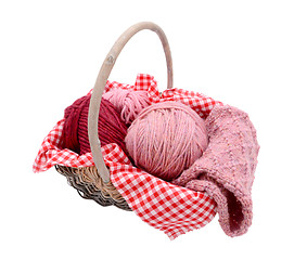 Image showing Pink balls of yarn with knitting in a basket