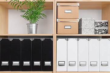 Image showing Shelves with boxes, folders and green plant