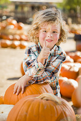 Image showing Little Boy Gives Thumbs Up  at Pumpkin Patch
