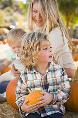 Image showing Young Family Enjoys a Day at the Pumpkin Patch