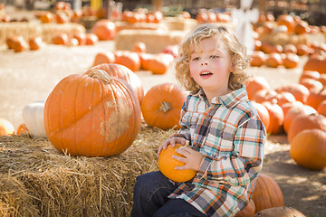 Image showing Little Boy Sitting and Holding His Pumpkin at Pumpkin Patch
