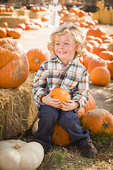 Image showing Little Boy Sitting and Holding His Pumpkin at Pumpkin Patch
