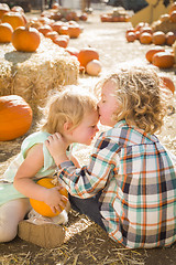 Image showing Sweet Little Boy Kisses His Baby Sister at Pumpkin Patch
