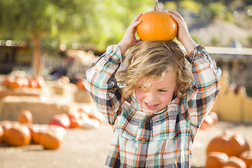 Image showing Little Boy Holding His Pumpkin at a Pumpkin Patch
