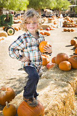 Image showing Little Boy Holding His Pumpkin at a Pumpkin Patch
