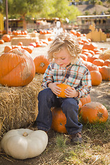 Image showing Little Boy Sitting and Holding His Pumpkin at Pumpkin Patch
