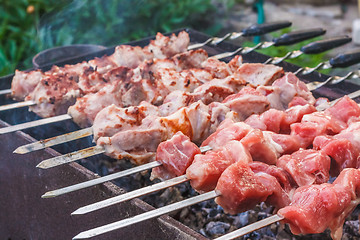 Image showing Shish Kebab In Process Of Cooking On Open Fire Outdoors
