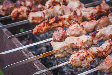 Image showing Shish Kebab In Process Of Cooking On Open Fire Outdoors