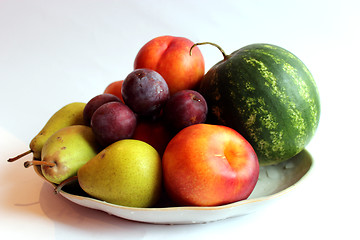 Image showing still-life of watermelon, pears, pluma nectarine