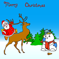 Image showing santa claus rides on deer and snowman