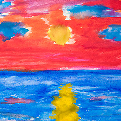 Image showing Watercolor Sea And Red Sunset