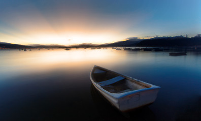 Image showing sunset on the lake, boat 