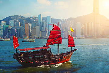 Image showing Chinese sailing ship in Hong Kong Victoria Habour 