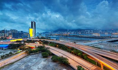 Image showing highway bridge in city at cloudy night