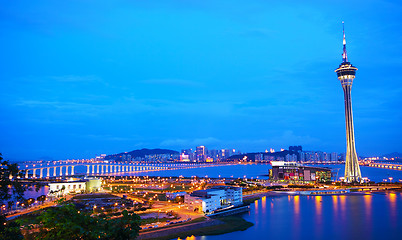 Image showing Cityscape in night with famous travel tower near river in Macao,