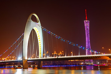 Image showing Zhujiang River and modern building of financial district at nigh