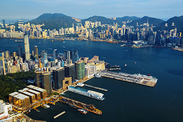 Image showing Aerial view of Hong Kong harbor from Kowloon island 