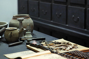 Image showing abacus and book on the table in a chinese old shop