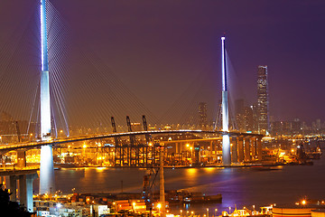 Image showing Freeway in night with cars light in modern city 